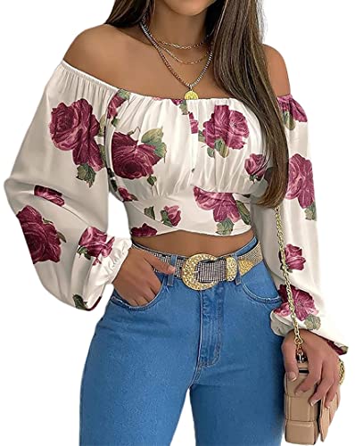 MIRACMODA Woman Off Shoulder Ruched Tie Back Crop Top Summer Lantern Sleeve Boho Shirt Blouse