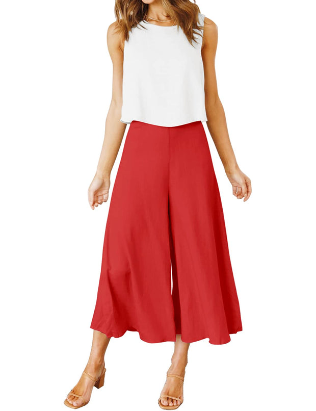 ROYLAMP Women's Summer 2 Piece Outfits Round Neck Crop Basic Top Cropped Wide Leg Pants Set Jumpsuits