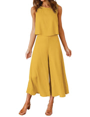 ROYLAMP Women's Summer 2 Piece Outfits Round Neck Crop Basic Top Cropped Wide Leg Pants Set Jumpsuits