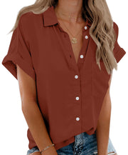 Beautife Womens Short Sleeve Shirts V Neck Collared Button Down Shirt Tops with Pockets