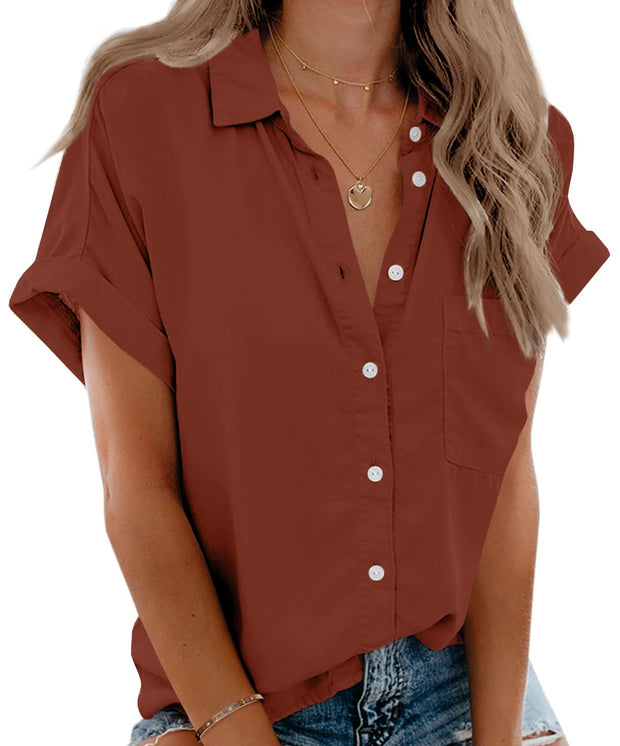 Beautife Womens Short Sleeve Shirts V Neck Collared Button Down Shirt Tops with Pockets