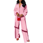 kaimimei Casual 2 Piece Outfit for Women - Linen Long Sleeve Button Down Shirt + Flare Pleated Wide Leg Pants Sets Streetwear