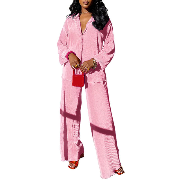 kaimimei Casual 2 Piece Outfit for Women - Linen Long Sleeve Button Down Shirt + Flare Pleated Wide Leg Pants Sets Streetwear