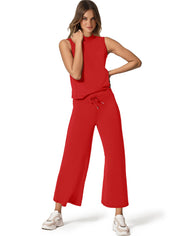 SAMPEEL Two Piece Sets for Women Summer Outfits Lounge Sets Mock Neck Tops Wide Leg Crop Pants Vacation Travel Outfits