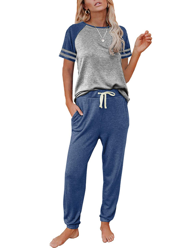 AUTOMET Lounge Sets For Women Two Piece Outfits Loungewear Short Sleeve Crewneck Jogger Pajama Set Sweatpants Tracksuit