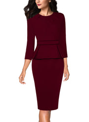 VFSHOW Womens Pleated Crew Neck Peplum Work Business Office Bodycon Pencil Sheath Dress