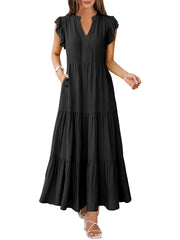 ANRABESS Womens Summer Casual Maxi Dress V Neck Ruffle Sleeve Long Dresses Fashion Flowy Tiered Boho Beach Vacation Sundress Black Large