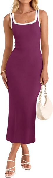ZESICA Women's 2025 Summer Bodycon Midi Dress Casual Sleeveless Square Neck Side Slit Knit Vacation Long Dresses