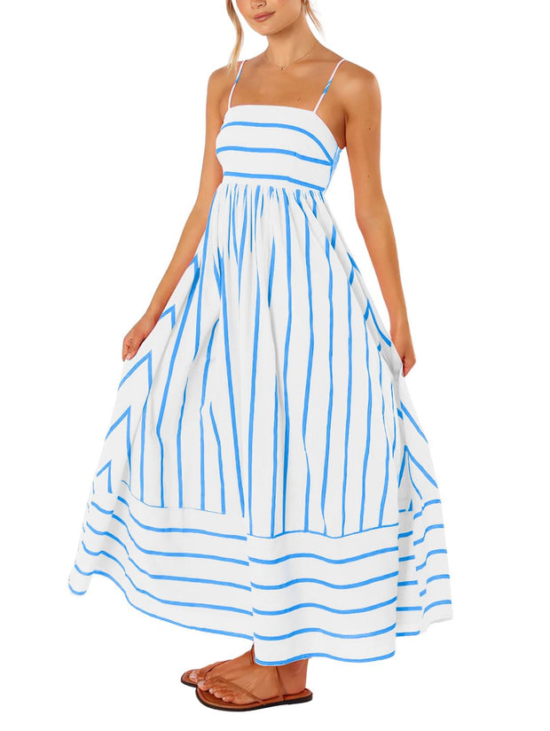 chouyatou Women's Striped Back Smocked Maxi Dress Sexy Spaghetti Strap Cut Out Flowy Swing Long Dress (Small, Apricot)