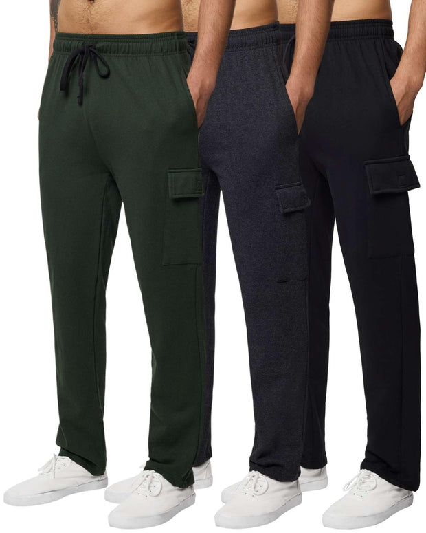 Real Essentials 3 Pack: Men's Tech Fleece Open Bottom Cargo Sweatpants with Pockets (Available in Big & Tall)