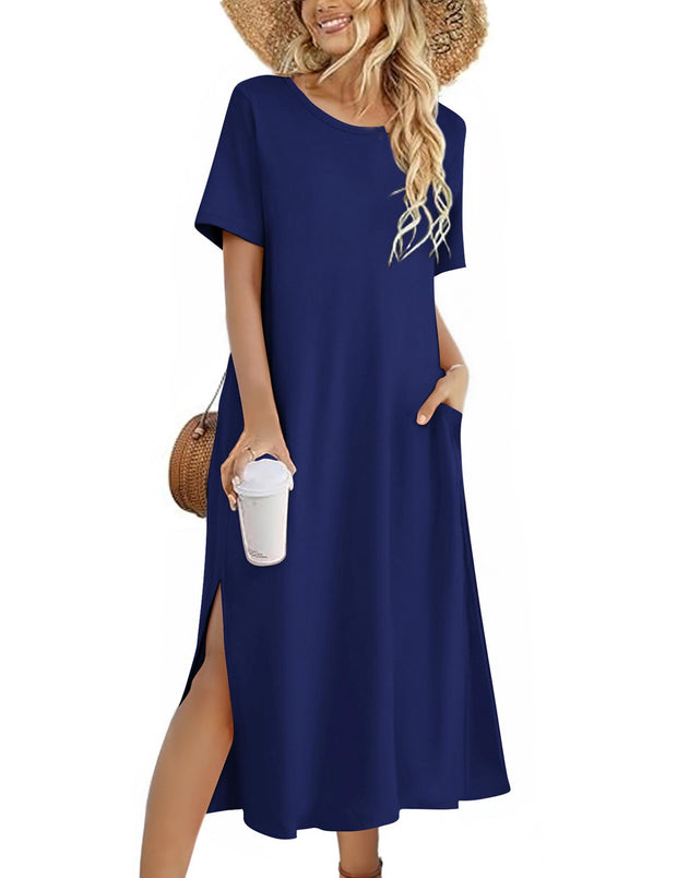 Zeagoo Women Long Sun Dress Summer T Shirt Dresses Beach Dress Casual Short Sleeve Tropical O Neck A Line Maxi Dresses Loose Side Slit Cover Up with Pockets 2025 Black XXL