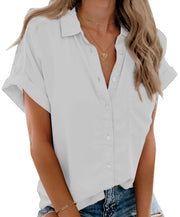 Beautife Womens Short Sleeve Shirts V Neck Collared Button Down Shirt Tops with Pockets