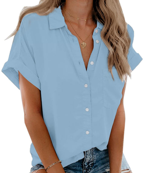 Beautife Womens Short Sleeve Shirts V Neck Collared Button Down Shirt Tops with Pockets
