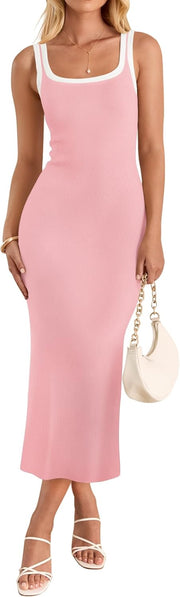 ZESICA Women's 2025 Summer Bodycon Midi Dress Casual Sleeveless Square Neck Side Slit Knit Vacation Long Dresses