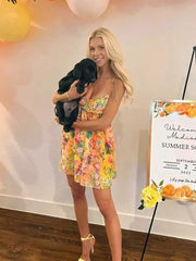 Summer Floral Boho Dresses for Women Spaghetti Straps Beach Dress Ruffle Sexy Mini Dress