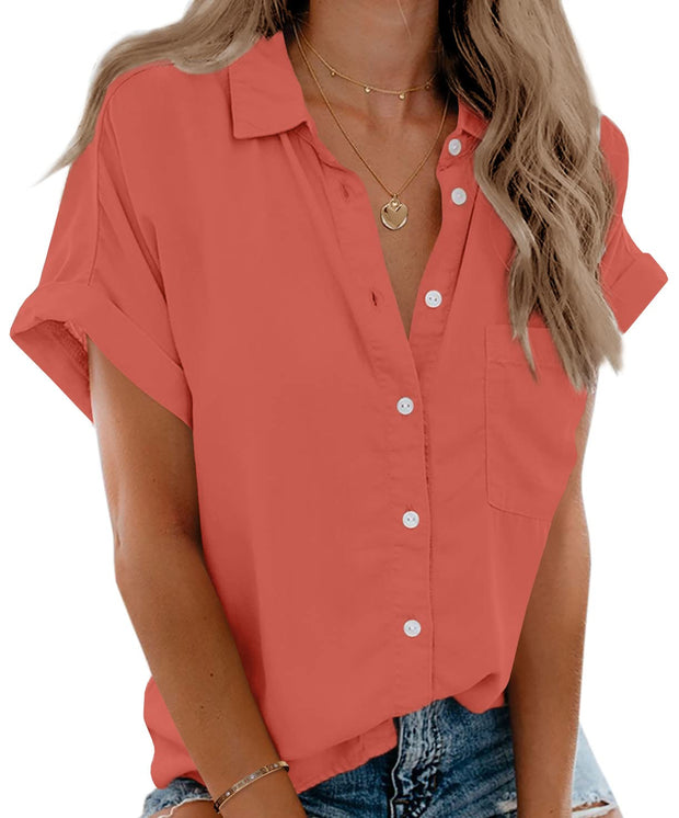 Beautife Womens Short Sleeve Shirts V Neck Collared Button Down Shirt Tops with Pockets