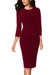 VFSHOW Womens Pleated Crew Neck Peplum Work Business Office Bodycon Pencil Sheath Dress