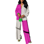 kaimimei Casual 2 Piece Outfit for Women - Linen Long Sleeve Button Down Shirt + Flare Pleated Wide Leg Pants Sets Streetwear
