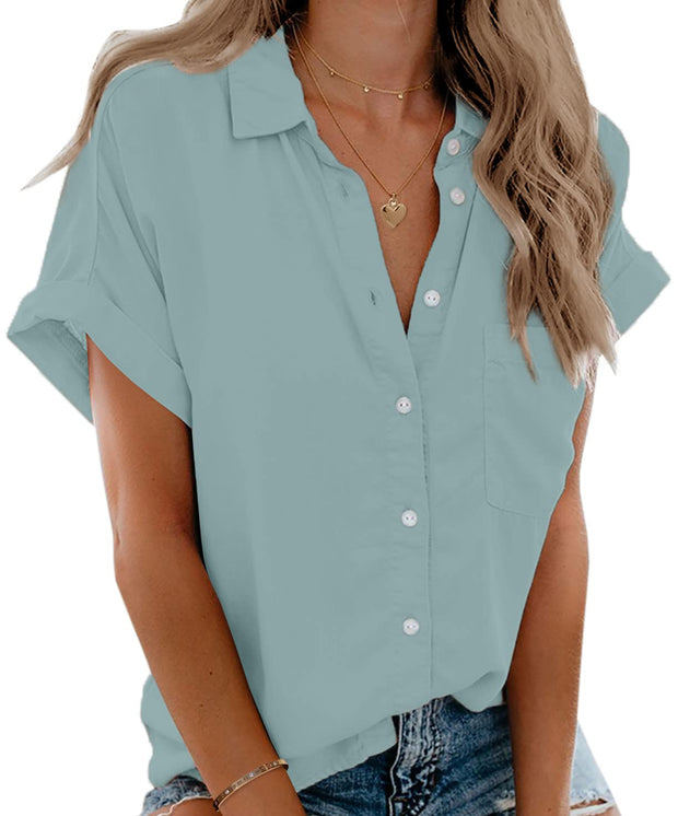 Beautife Womens Short Sleeve Shirts V Neck Collared Button Down Shirt Tops with Pockets