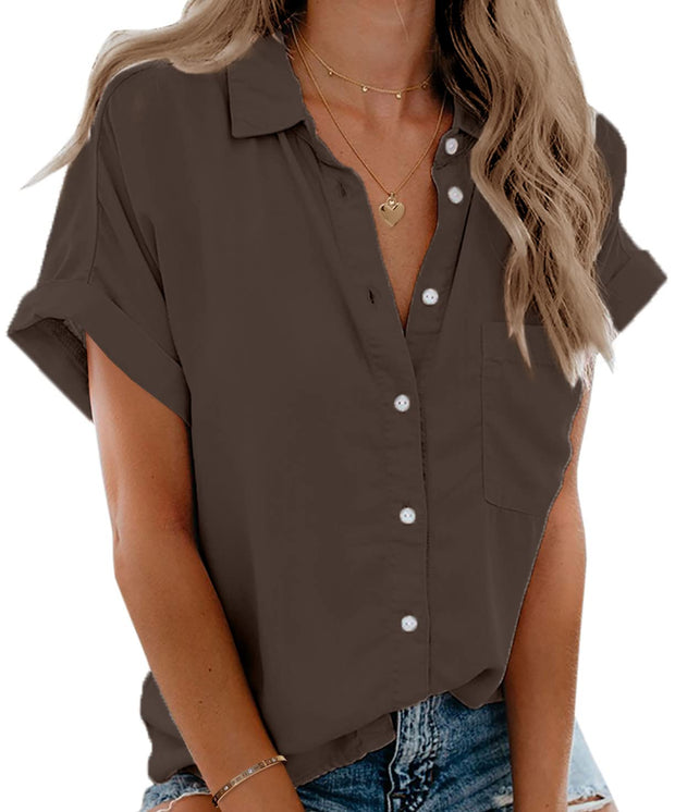Beautife Womens Short Sleeve Shirts V Neck Collared Button Down Shirt Tops with Pockets