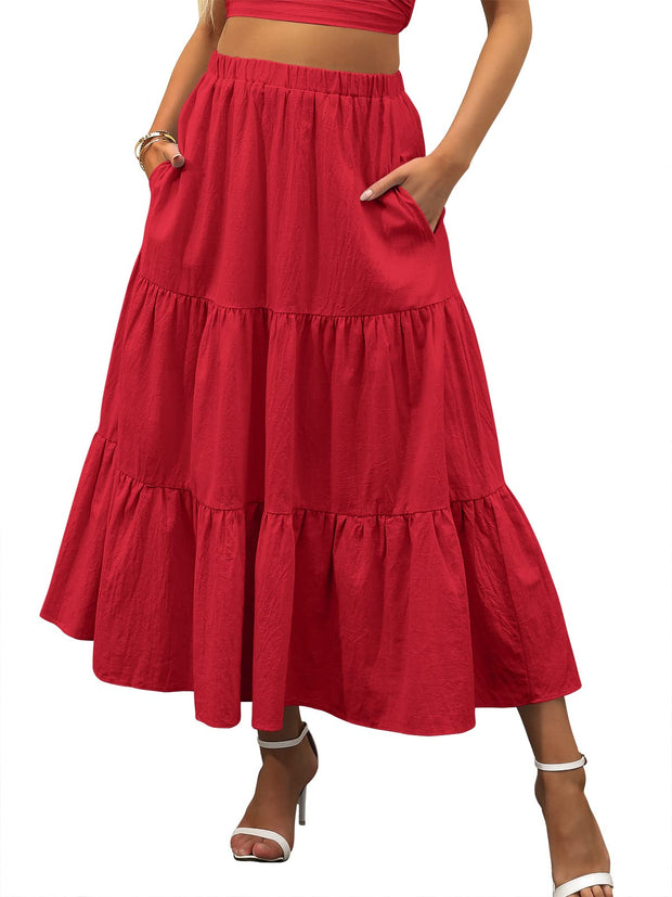 ANRABESS Women’s Summer Boho Flowy Swing Tiered A-Line Maxi Skirt 2025 Fashion Trendy Elastic Waist Pleated Long Beach Dress