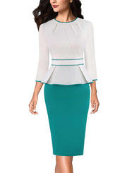 VFSHOW Womens Pleated Crew Neck Peplum Work Business Office Bodycon Pencil Sheath Dress