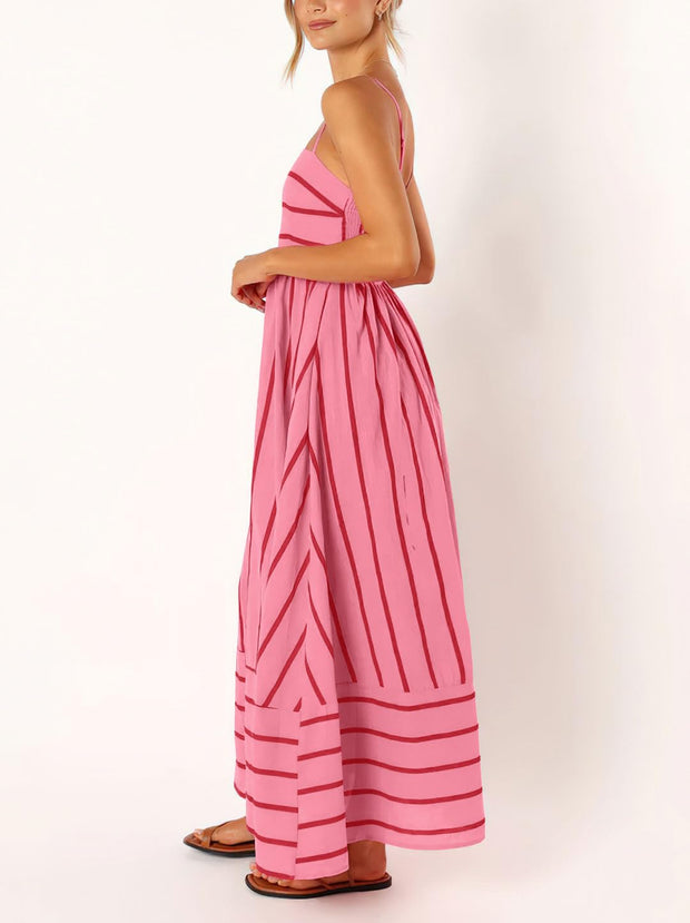 chouyatou Women's Striped Back Smocked Maxi Dress Sexy Spaghetti Strap Cut Out Flowy Swing Long Dress (Small, Apricot)