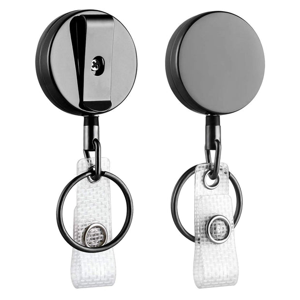 Will Well ID Badge Holder Reel with Clip and Keyring - Heavy-Duty All-Metal Casing with 27.5" UHMWPE Fiber Pull Cord for Durability and Easy Access, Holds up to 8 Keys - 2-Pack, Round, Glossy Black