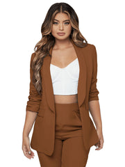 SweatyRocks Women's 2 Piece Solid Ruched Sleeve Blazer and Pants Business Office Suit Set