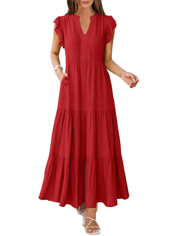 ANRABESS Womens Summer Casual Maxi Dress V Neck Ruffle Sleeve Long Dresses Fashion Flowy Tiered Boho Beach Vacation Sundress Black Large