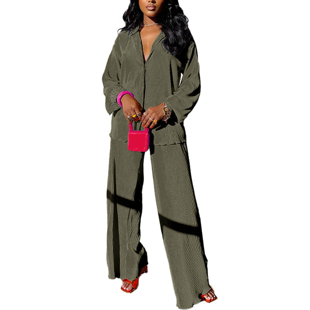 kaimimei Casual 2 Piece Outfit for Women - Linen Long Sleeve Button Down Shirt + Flare Pleated Wide Leg Pants Sets Streetwear