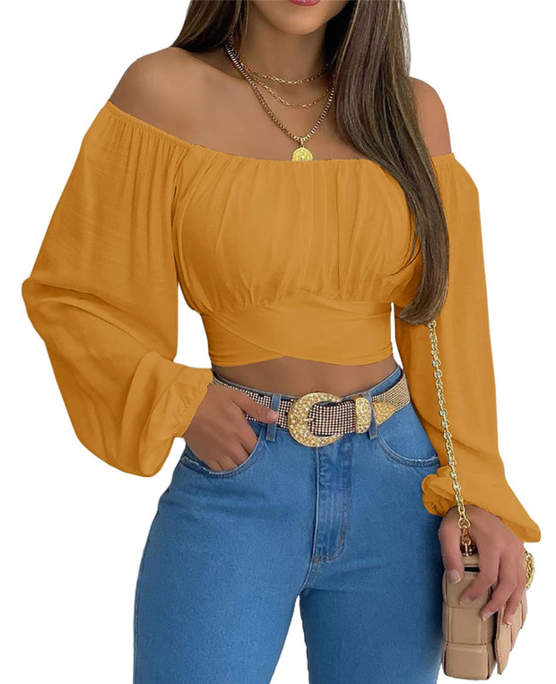 MIRACMODA Woman Off Shoulder Ruched Tie Back Crop Top Summer Lantern Sleeve Boho Shirt Blouse
