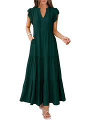 ANRABESS Womens Summer Casual Maxi Dress V Neck Ruffle Sleeve Long Dresses Fashion Flowy Tiered Boho Beach Vacation Sundress Black Large