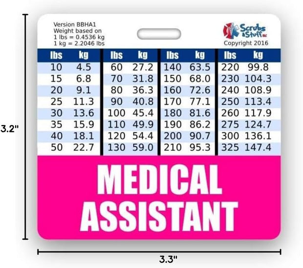 Medical Assistant Badge Buddy Horizontal w/Height & Weight Conversion Charts (Standard, Pink)