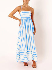 chouyatou Women's Striped Back Smocked Maxi Dress Sexy Spaghetti Strap Cut Out Flowy Swing Long Dress (Small, Apricot)