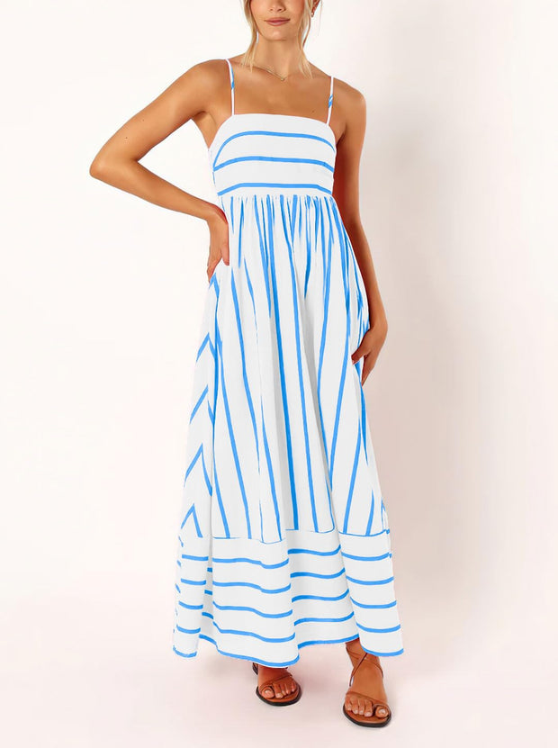 chouyatou Women's Striped Back Smocked Maxi Dress Sexy Spaghetti Strap Cut Out Flowy Swing Long Dress (Small, Apricot)