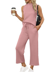 SAMPEEL Two Piece Sets for Women Summer Outfits Lounge Sets Mock Neck Tops Wide Leg Crop Pants Vacation Travel Outfits