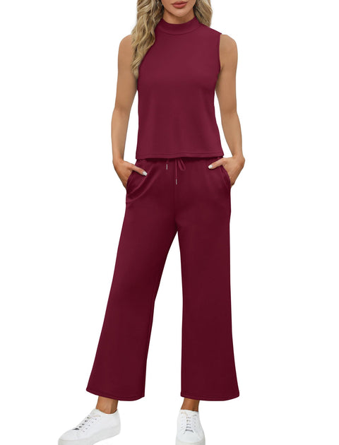 SAMPEEL Two Piece Sets for Women Summer Outfits Lounge Sets Mock Neck Tops Wide Leg Crop Pants Vacation Travel Outfits