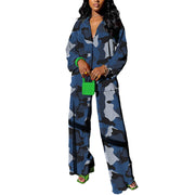 kaimimei Casual 2 Piece Outfit for Women - Linen Long Sleeve Button Down Shirt + Flare Pleated Wide Leg Pants Sets Streetwear