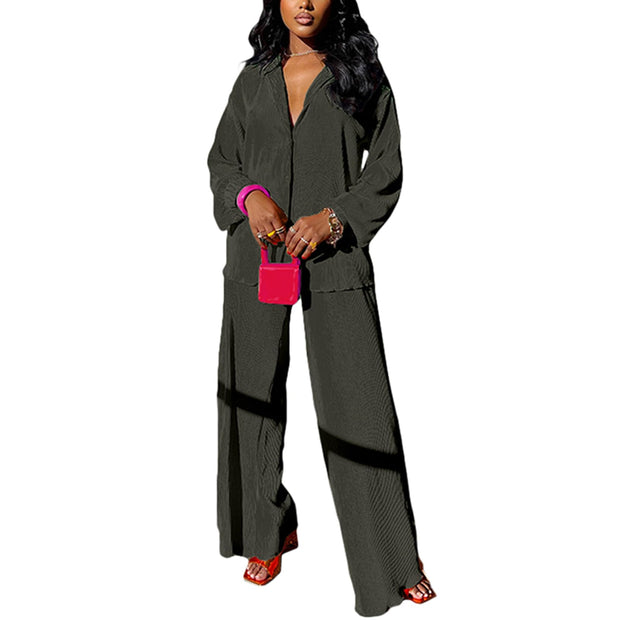 kaimimei Casual 2 Piece Outfit for Women - Linen Long Sleeve Button Down Shirt + Flare Pleated Wide Leg Pants Sets Streetwear