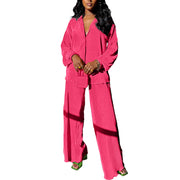 kaimimei Casual 2 Piece Outfit for Women - Linen Long Sleeve Button Down Shirt + Flare Pleated Wide Leg Pants Sets Streetwear