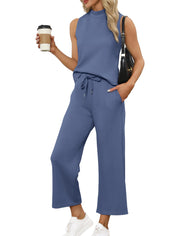 SAMPEEL Two Piece Sets for Women Summer Outfits Lounge Sets Mock Neck Tops Wide Leg Crop Pants Vacation Travel Outfits