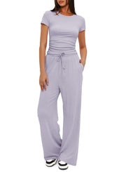 Darong Women's 2 Piece Outfits Lounge Sets Ruched Short Sleeve Tops High Waisted Wide Leg Pants Tracksuit Sets