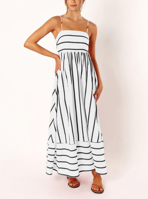 chouyatou Women's Striped Back Smocked Maxi Dress Sexy Spaghetti Strap Cut Out Flowy Swing Long Dress (Small, Apricot)