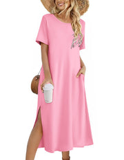 Zeagoo Women Long Sun Dress Summer T Shirt Dresses Beach Dress Casual Short Sleeve Tropical O Neck A Line Maxi Dresses Loose Side Slit Cover Up with Pockets 2025 Black XXL