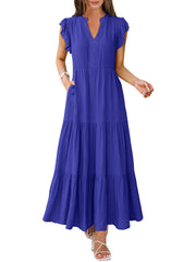 ANRABESS Womens Summer Casual Maxi Dress V Neck Ruffle Sleeve Long Dresses Fashion Flowy Tiered Boho Beach Vacation Sundress Black Large