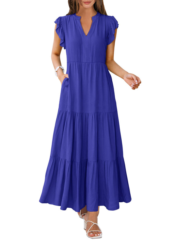 ANRABESS Womens Summer Casual Maxi Dress V Neck Ruffle Sleeve Long Dresses Fashion Flowy Tiered Boho Beach Vacation Sundress Black Large