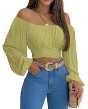 MIRACMODA Woman Off Shoulder Ruched Tie Back Crop Top Summer Lantern Sleeve Boho Shirt Blouse