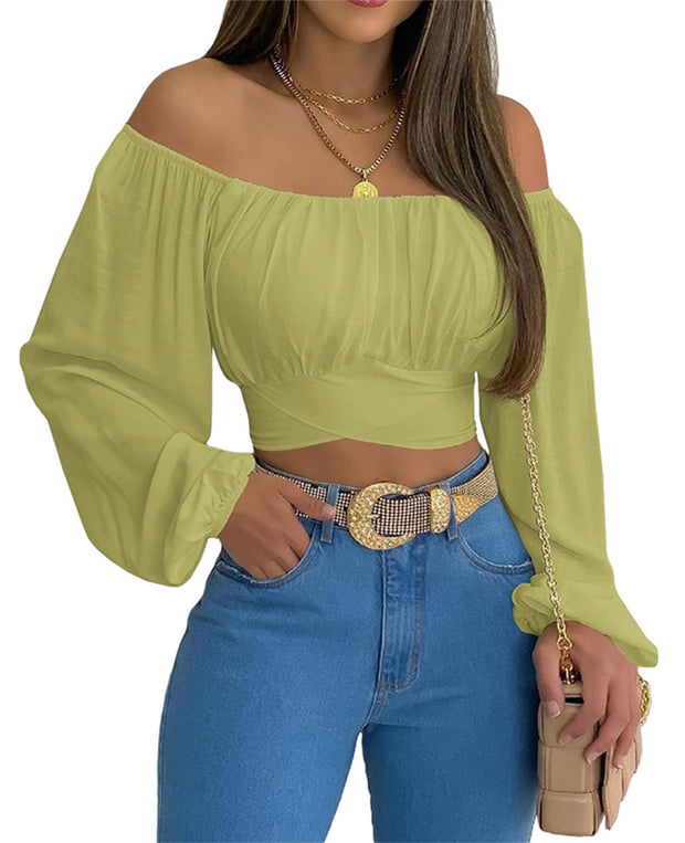 MIRACMODA Woman Off Shoulder Ruched Tie Back Crop Top Summer Lantern Sleeve Boho Shirt Blouse