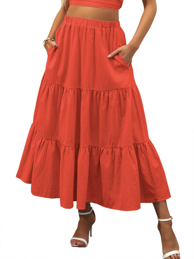 ANRABESS Women’s Summer Boho Flowy Swing Tiered A-Line Maxi Skirt 2025 Fashion Trendy Elastic Waist Pleated Long Beach Dress